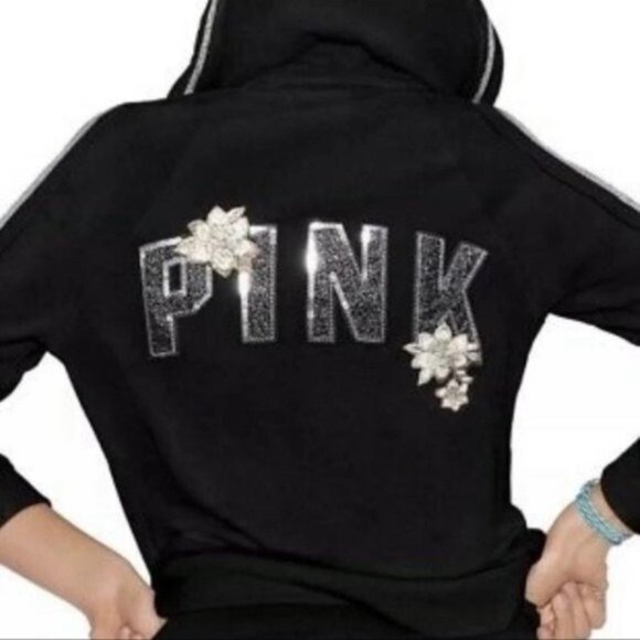 PINK Victoria's Secret Tops - Victoria’s Secret Pink Sequin Floral Bling Zip Front Jacket Hoodie Small